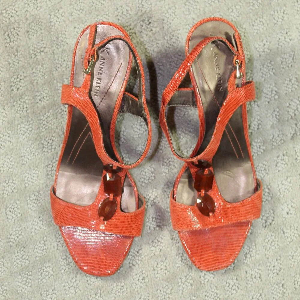 Anne Klein Sz 6.5M Orange Jeweled Snakeskin Wedge Heel Shoes